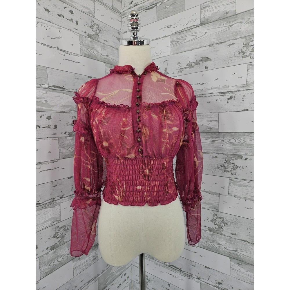Free People Magenta Floral Mesh Smocked Waist Ruffle Blouse XS Pink
